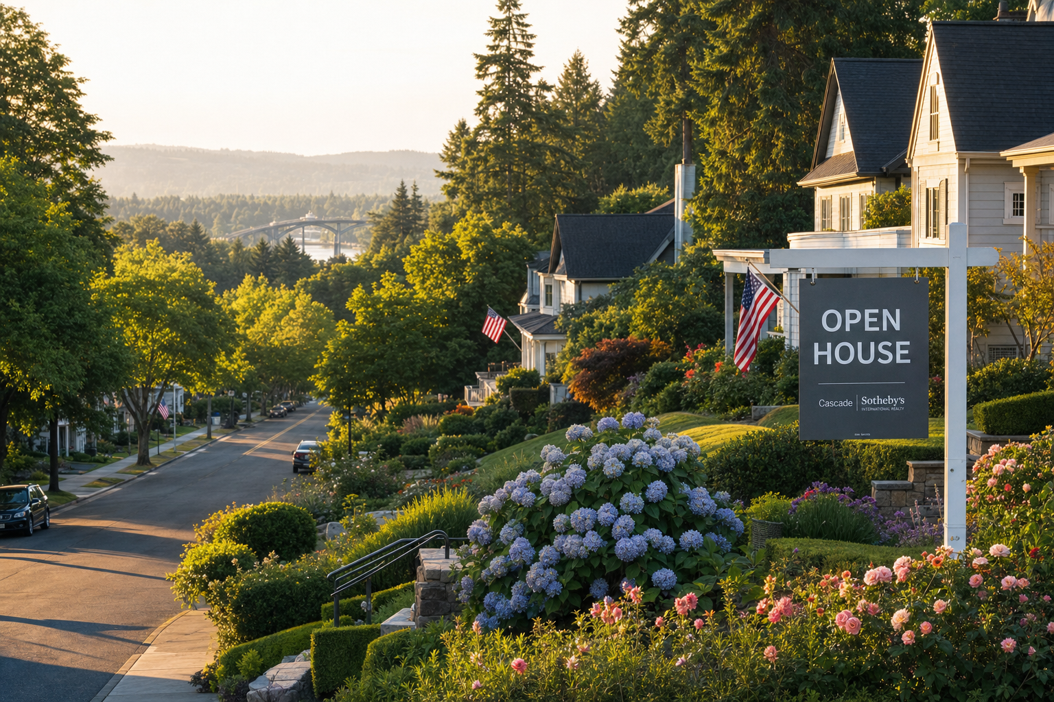 A tree-lined West Linn street at golden hour with an Open House sign in front of a craftsman home and the Willamette River bridge visible in the distance