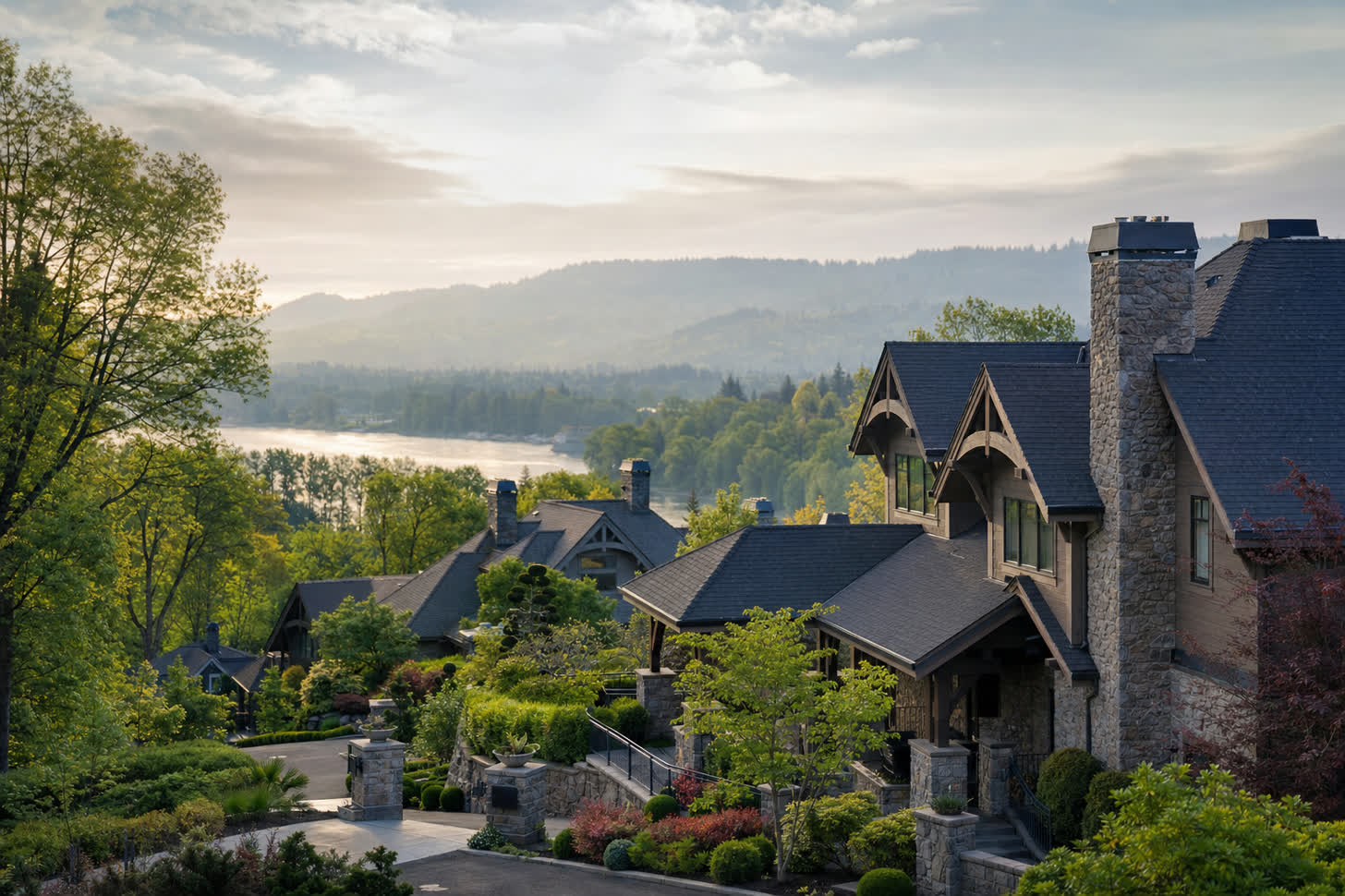 A hillside view of upscale West Linn craftsman homes on a hazy spring morning with the Willamette River and Pacific Northwest forest in the distance
