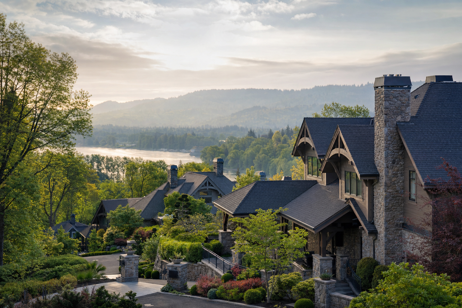 A hillside view of upscale West Linn craftsman homes on a hazy spring morning with the Willamette River and Pacific Northwest forest in the distance