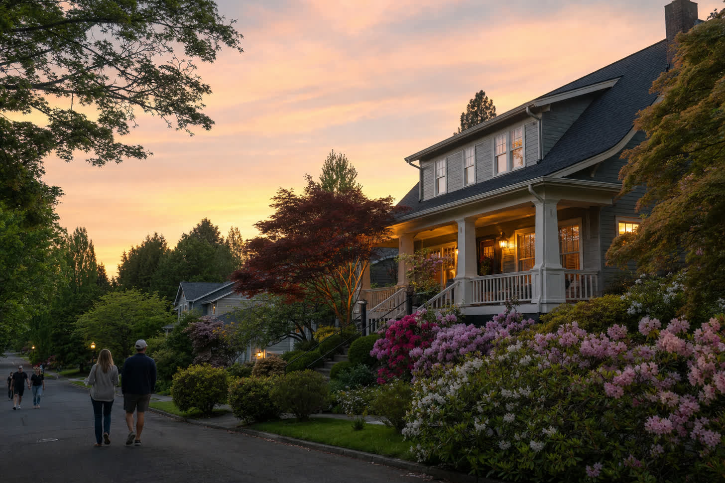 A West Linn craftsman home with full spring rhododendrons in bloom at golden hour with neighbors walking by on a quiet residential street