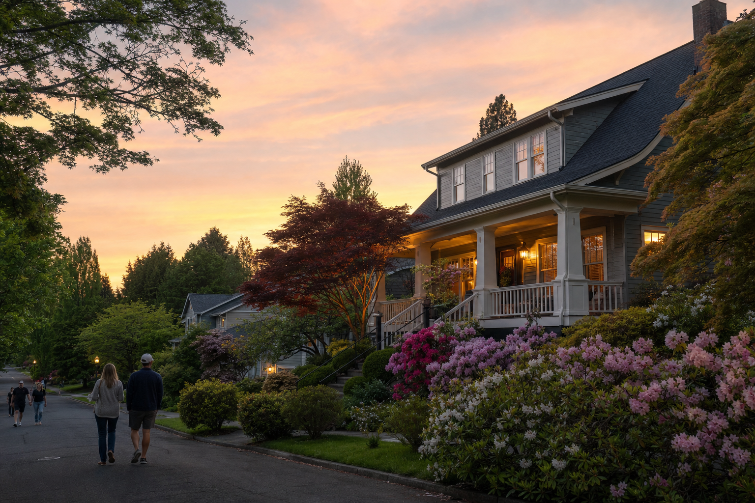 A West Linn craftsman home with full spring rhododendrons in bloom at golden hour with neighbors walking by on a quiet residential street