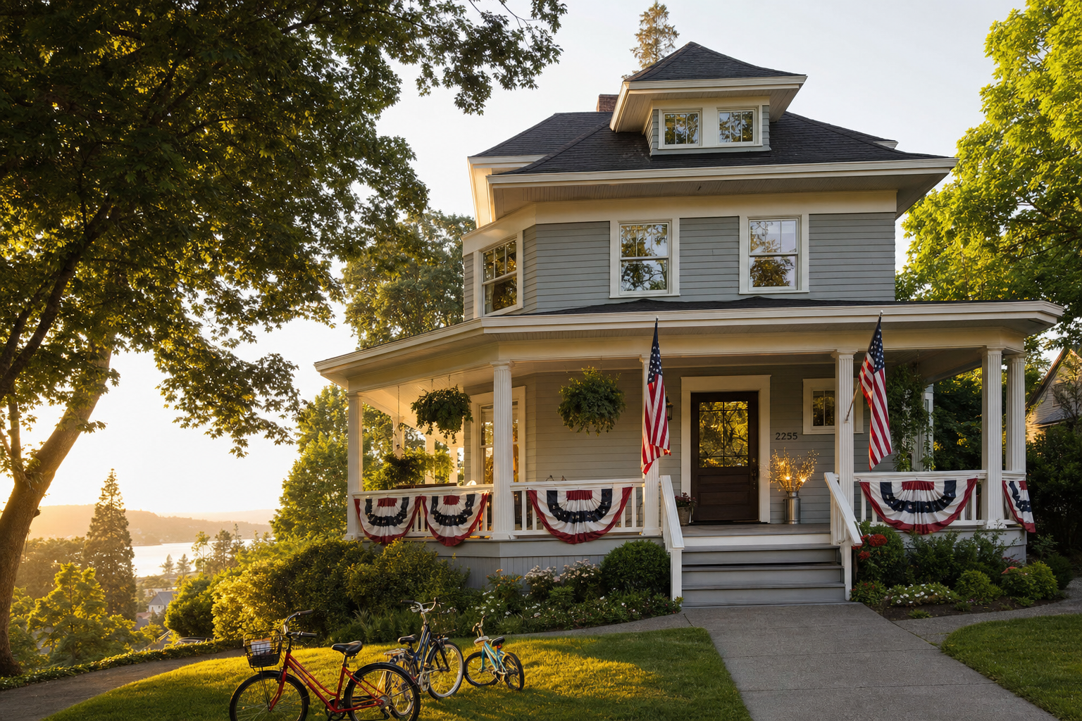 A West Linn craftsman home with American flags and patriotic bunting on the porch for Independence Day, family bikes in the front yard, the Willamette River visible in the distance at golden hour