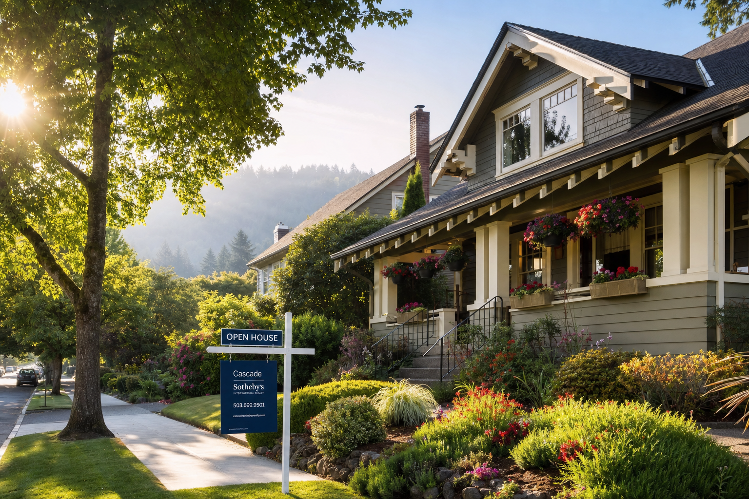 A West Linn craftsman home with an Open House sign on a quiet residential street with hanging flower baskets and morning sunlight filtering through mature trees