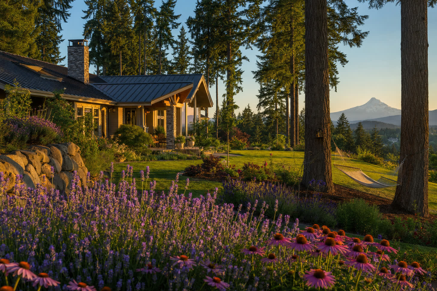 A West Linn ranch-style home with metal roof nestled among Pacific Northwest Douglas firs, lavender and echinacea in summer bloom, Mount Hood visible in the distance at golden hour